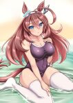  1girl ahoge animal_ears bare_shoulders blue_eyes blush breasts brown_hair cleavage collarbone covered_navel grey_hairband hair_between_eyes hairband hand_on_own_chest highres horse_ears horse_girl horse_tail large_breasts long_hair looking_at_viewer mihono_bourbon_(umamusume) no_shoes partially_submerged solo tail teaclaw thighhighs thighs tracen_swimsuit umamusume white_thighhighs 