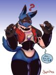  ambiguous_gender anthro armwear blue_body blue_fur blush claws clothing dahliagodreal finger_claws fur generation_4_pokemon hi_res legwear lucario nintendo pawpads pokemon pokemon_(species) red_eyes simple_background solo spikes spikes_(anatomy) tongue tongue_out 