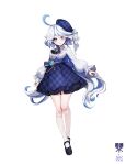 1girl :o alternate_costume ankkoyom ascot beret black_ascot black_footwear blue_eyes blue_gemstone blue_hair blue_headwear blue_skirt bow brooch colored_inner_hair commentary_request drop-shaped_pupils frilled_sleeves frills full_body furina_(genshin_impact) gem genshin_impact hat heterochromia highres jewelry long_hair long_sleeves looking_at_viewer mary_janes multicolored_hair open_mouth plaid plaid_skirt shirt shoes simple_background skirt socks solo streaked_hair tachi-e very_long_hair vision_(genshin_impact) waist_bow white_background white_hair white_shirt white_socks 