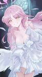  1girl absurdres blue_archive blurry blurry_background blush breasts cleavage collarbone commentary_request dress falling_petals feathered_wings hair_bun halo highres looking_at_viewer medium_breasts mika_(blue_archive) petals pink_hair reikanmen single_side_bun smile solo strap_slip white_wings wings 