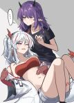  ... 2girls arknights bandeau bare_shoulders black_shirt breasts coat commentary_request half_updo highres horns knees_up lava_(arknights) long_hair mabing medium_breasts multicolored_hair multiple_girls navel nian_(arknights) off_shoulder open_clothes open_coat purple_eyes purple_hair red_hair shirt short_sleeves spoken_ellipsis stomach strapless streaked_hair thighs tube_top white_coat white_hair 