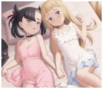  2girls :o asymmetrical_bangs black_choker black_hair blonde_hair blush border breasts choker cleavage clenched_hand collarbone dress eyelashes frills gazing_eye green_eyes hair_ribbon hand_up head_on_pillow highres holding_hands indoors jacket jacket_removed knees lillie_(pokemon) long_hair lying marnie_(pokemon) mixed-language_commentary multiple_girls on_bed open_mouth parted_lips pink_dress pokemon pokemon_(game) pokemon_sm pokemon_swsh ribbon sleeveless sleeveless_dress sweat white_border white_dress 