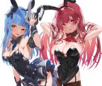  2girls adjusting_hair animal_ears armpits ass black_corset blue_dress blue_hair blush breasts colored_inner_hair corset dress fake_animal_ears garter_belt heterochromia highres hololive houshou_marine long_hair looking_at_viewer multicolored_hair multiple_girls open_mouth orange_eyes pink_hair playboy_bunny red_eyes red_hair takeno_omoti tongue tongue_out usada_pekora virtual_youtuber white_background yellow_eyes 