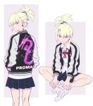  1boy alternate_costume black_skirt blonde_hair collared_shirt copyright_name crossdressing dragon earrings eastern_dragon from_behind hair_ornament hairclip high_ponytail jacket jewelry lio_fotia looking_at_viewer looking_back male_focus multiple_views official_alternate_hairstyle otoko_no_ko pleated_skirt promare purple_eyes red_ribbon ribbon shirt shoes short_hair sidelocks sitting skirt smile sneakers solo sukajan swept_bangs triangle_earrings white_background white_footwear white_shirt yon_prmr 