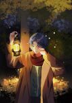  1boy absurdres alcryst_(fire_emblem) alternate_costume blue_hair buttons coat fire_emblem fire_emblem_engage hair_ornament hairclip highres holding lamp long_sleeves oil_lamp one_eye_closed open_clothes open_coat red_eyes scarf short_hair solo tree user_pvt3409 