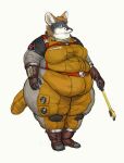  2020 anthro belly boots buckle canid canine cettus clothing female footwear fox gloves grey_fox handwear hi_res holding_object holding_tool mammal obese obese_anthro obese_female overweight overweight_anthro overweight_female science_fiction simple_background smile solo spacesuit standing straps tight_clothing tools urocyon white_background wrench 