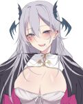  1girl black_cape blue_eyes blush breasts cape cleavage cleavage_cutout clothing_cutout dress falaloods fangs grey_hair hair_between_eyes head_wings highres indie_virtual_youtuber large_breasts long_hair mole mole_under_mouth no_pupils pink_cape pochimaru_(vtuber) solo teardrop_facial_mark two-tone_cape upper_body white_dress wings 