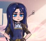  1girl annoyed ascot belt blue_eyes brown_belt caitlyn_(league_of_legends) flat_chest hands_on_own_hips league_of_legends long_hair multicolored_background phantom_ix_row purple_hair short_sleeves smile solo squiggle teeth upper_body 