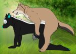  anthro anthro_on_bottom anthro_on_feral bestiality black_body black_fur black_nose blue_ears blue_nose brown_body brown_fur brown_hair canid canine canis doggystyle eye_scar facial_scar feral feral_on_top from_behind_position fur ghibli hair hybrid jewelry male male/male mammal mephitid necklace orange_eyes procyonid ra&#039;wolf raccoon scar sex skunk soot_sprite_(ghibli) tail white_body white_fur wolf zoophilic 