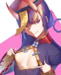  1girl breasts cleavage_cutout clothing_cutout covering_nipples eyeliner fate/grand_order fate_(series) grin hair_rings hat highres horns jiangshi_costume looking_at_viewer makeup ofuda oni oni_horns purple_eyes purple_hair qing_guanmao shuten_douji_(fate) shuten_douji_(festival_outfit)_(fate) skin-covered_horns small_breasts smile solo two-tone_background upper_body yamakou_(yamakou_e2) 