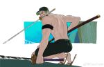  1boy alternate_costume bara baseball_cap fighting_stance from_behind from_below green_shorts hat highres long_sideburns looking_to_the_side male_focus mcbuckwheat muscular muscular_male one_piece roronoa_zoro short_hair shorts sideburns slippers solo topless_male triple_wielding 