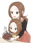  2girls absurdres apron black_shirt bowl brown_eyes brown_hair forehead highres holding holding_bowl inaba_mifumi karakai_jouzu_no_(moto)_takagi-san karakai_jouzu_no_takagi-san long_sleeves mixing mixing_bowl mother_and_daughter multiple_girls nishikata_chii shirt simple_background smile sweatdrop sweater table takagi-san wavy_mouth whisking 