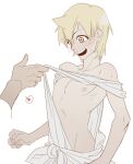  1boy ali_baba_saluja assisted_exposure aximor blonde_hair blush collarbone groin heart magi_the_labyrinth_of_magic male_focus nipples open_mouth simple_background solo_focus spoken_heart surprised sweat toga yellow_eyes 