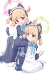  2girls :3 animal_ear_headphones animal_ears apron black_dress blonde_hair blue_archive blue_bow blue_bowtie blush bow bowtie cat_ear_headphones cat_tail cheek_pinching collared_dress commentary dress fake_animal_ears fake_tail frilled_apron frilled_dress frills full_body green_eyes hair_bow headphones highres kneeling long_dress long_sleeves looking_at_another maid maid_apron maid_headdress midori_(blue_archive) midori_(maid)_(blue_archive) momoi_(blue_archive) momoi_(maid)_(blue_archive) multiple_girls no_shoes official_alternate_costume open_mouth pantyhose parted_lips pinching pink_eyes puffy_long_sleeves puffy_sleeves red_bow short_hair simple_background sitting tail teeth twintails upper_teeth_only wariza white_apron white_background white_pantyhose yu_yomota 