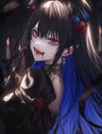  1girl asano_(kazusasn) black_hair blood earrings english_commentary fangs gloves hair_between_eyes highres hololive hololive_english horns jewelry looking_at_viewer nerissa_ravencroft open_mouth pointy_ears slit_pupils solo teeth tongue vampire 