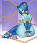  2023 absurd_res bdsm big_butt blue_body bondage bound breasts butt clothing colored english_text female fullmontis gag gagged hair hi_res legwear looking_at_viewer looking_back looking_back_at_viewer machine not_furry robot solo text thick_thighs thigh_highs 