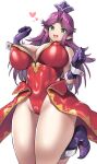  1girl :d angela_(seiken_densetsu_3) breasts cameltoe commentary_request covered_nipples curvy earrings gloves green_eyes hair_intakes highleg highleg_leotard huge_breasts jewelry jumping leotard long_hair looking_at_viewer nagase_haruhito open_mouth pointy_ears purple_gloves purple_hair red_leotard red_skirt seiken_densetsu seiken_densetsu_3 showgirl_skirt skirt smile solo thick_thighs thighs vietnam_war wide_hips 