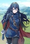  1girl ameno_(a_meno0) armor black_sweater blue_cape blue_eyes blue_gloves blue_hair blue_sky blush cape closed_mouth cloud commentary_request fingerless_gloves fire_emblem fire_emblem_awakening floating_hair gloves grass hair_between_eyes long_hair long_sleeves looking_at_viewer lucina_(fire_emblem) outdoors pauldrons red_cape ribbed_sweater shoulder_armor sky smile solo sweater tiara turtleneck turtleneck_sweater two-tone_cape 