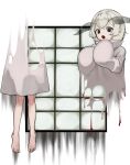  1other barefoot black_eyes commentary_request disembodied_torso dress floating hands_up highres long_sleeves looking_at_viewer medium_hair moth_antennae no_pupils open_mouth original puffy_long_sleeves puffy_sleeves solo uni_no white_dress white_hair window 