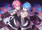  anima_(user_fvda5458) ball_and_chain_(weapon) blue_eyes blue_flower blue_hair breasts chain checkered_floor cleavage commentary_request detached_sleeves flower frilled_sleeves frills hair_ornament hair_over_one_eye hair_ribbon holding_hands kneeling looking_at_viewer maid maid_headdress medium_breasts petals pink_eyes pink_flower pink_hair pink_ribbon purple_ribbon ram_(re:zero) re:zero_kara_hajimeru_isekai_seikatsu rem_(re:zero) ribbon ribbon-trimmed_clothes ribbon_trim roswaal_mansion_maid_uniform short_hair siblings sisters spike_ball spiked_ball_and_chain twins weapon x_hair_ornament 