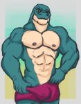  anthro athletic big_bulge big_chest bulge clothing digital_media_(artwork) hi_res huge_bulge jock line_art male multicolored_body muscular nipples pecs reptile scalie simple_background smile solo solo_focus two_tone_body zwodder 