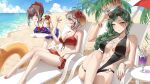  3girls absurdres bare_arms bare_shoulders beach bikini black_one-piece_swimsuit blue_bikini blush bracelet breasts brown_hair character_request cleavage closed_eyes closed_mouth eyewear_on_head green_hair grey_hair hair_ornament halo highres jewelry large_breasts long_hair looking_at_viewer multicolored_hair multiple_girls navel ocean one-piece_swimsuit open_mouth outdoors palm_tree red_bikini sitting smile streaked_hair sunglasses swimsuit tacco_(tikeworld) takt_op._destiny thighs tree water 
