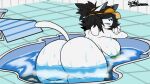  anthro bent_over big_breasts big_butt bikini black_eyes black_hair breasts butt canid canine canis clothing domestic_dog female hair hat headgear headwear hi_res huge_breasts huge_butt jyto looking_at_viewer looking_back mammal partially_submerged solo swimwear tem temmie_(undertale) undertale undertale_(series) water wet wet_body white_body 