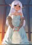  1girl bare_shoulders blush breasts brown_sweater carbon12th collarbone dress elf frieren green_eyes grey_hair long_hair long_sleeves looking_at_viewer off_shoulder open_mouth parted_bangs pointy_ears small_breasts solo sousou_no_frieren sweater white_dress 