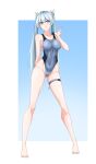  1girl absurdres ark9378 barefoot black_survival blue_one-piece_swimsuit covered_navel elena_(eternal_return) eternal_return:_black_survival groin highleg highleg_swimsuit highres legs long_hair long_legs looking_at_viewer one-piece_swimsuit solo standing swimsuit toenails toes twintails two-tone_swimsuit 