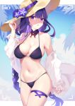  1girl absurdres akovo bare_shoulders bikini black_bikini blue_sky blunt_bangs breasts cloud commentary_request cowboy_shot day flower genshin_impact hand_up hat hat_flower highres large_breasts long_hair looking_at_viewer nail_polish navel off_shoulder parted_lips purple_eyes purple_flower purple_hair purple_nails raiden_shogun sky solo standing stomach sun_hat swimsuit thigh_strap thighs very_long_hair 