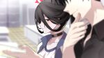  1boy 1girl black_choker black_hair black_shirt blue_archive blurry blurry_background cellphone choker closed_mouth commentary english_commentary gym_shirt hair_between_eyes halo hasumi_(blue_archive) hasumi_(track)_(blue_archive) highres holding holding_phone looking_at_another mole mole_under_eye official_alternate_costume phone red_eyes sensei_(blue_archive) shirt smile twitter_username upper_body white_shirt yuushiba 