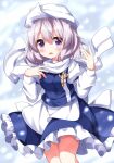  1girl apron blue_skirt blue_vest highres lapel_pin letty_whiterock medium_hair purple_eyes ruu_(tksymkw) shirt skirt snow snowing solo touhou vest waist_apron white_apron white_hair white_shirt 