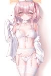  1girl absurdres alternate_costume amerika_neko bare_shoulders blue_archive bra garter_belt hat highres nurse nurse_cap open_clothes open_shirt panties pink_hair serina_(blue_archive) shirt thighhighs underwear white_bra white_panties white_shirt white_thighhighs 