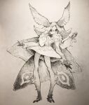  1girl arm_up arthropod_girl black_eyes clawed_feet claws covered_mouth dress extra_arms fur-trimmed_dress fur_trim gawki greyscale insect_wings long_hair looking_at_viewer monochrome monster_girl moth_girl moth_wings original sketch solid_eyes solo wing-shaped_hair wings 