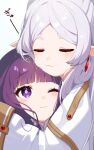 2girls :3 blush closed_eyes closed_mouth commentary_request cut_bangs elf fern_(sousou_no_frieren) frieren highres hug inuyama_nanami long_hair multiple_girls pointy_ears purple_eyes purple_hair simple_background smile sousou_no_frieren upper_body white_background white_hair 