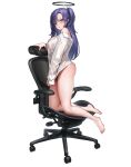  1girl absurdres ass barefoot blue_archive blush breasts chair chochomi full_body halo highres large_breasts long_hair long_sleeves looking_at_viewer mechanical_halo parted_lips purple_eyes purple_hair see-through see-through_shirt shirt simple_background solo two_side_up wet wet_clothes wet_shirt white_background white_shirt yuuka_(blue_archive) 