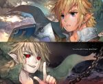  2boys ben_drowned black_sclera blonde_hair blood blood_from_eyes blue_eyes chain cloud colored_sclera creepypasta day ear_piercing holding holding_shield kawacy link looking_at_viewer looking_up multiple_boys night night_sky piercing pointy_ears red_eyes shield sky sweatdrop the_legend_of_zelda the_legend_of_zelda:_majora&#039;s_mask tunic 