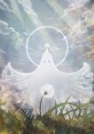  1other androgynous blurry cloak cloud commentary_request dandelion day depth_of_field facing_viewer flower grass halo highres houseki_no_kuni nature other_focus outdoors phosphophyllite phosphophyllite_(10000) rei_snow_garden signature sky solo spoilers sunlight white_cloak 