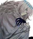  blue_eyes claws cloak commentary_request crown empty_eyes enpera fate/grand_order fate_(series) frilled_sleeves frills from_side fur-trimmed_cloak fur_trim head_down highres holding_own_arm hugging_own_legs long_sleeves looking_at_viewer looking_to_the_side medium_hair oberon_(fate) pale_skin profile robe shirt simple_background slit_pupils staring syakegaumai white_background white_cloak white_hair white_robe white_shirt wide-eyed 
