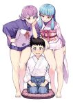  1boy 2girls absurdres arm_rest barefoot blue_hair blue_nails blush brown_hair feet floral_print hair_tubes hakama hamada_yoshikazu hand_on_own_hip hand_on_own_thigh highres japanese_clothes kagami_kazuya kimono kiriha_(tsugumomo) kyouka_(tsugumomo) leaning_on_person leaning_to_the_side legs long_hair looking_at_another looking_at_viewer medium_hair multiple_girls nail_polish obi obijime official_art pink_kimono pleated_kimono pointy_ears purple_hair purple_kimono purple_nails sash seiza shiny_skin short_eyebrows short_hair short_kimono sidelocks simple_background sitting smile smirk standing thick_eyebrows thighs toenail_polish toenails toes tsugumomo white_background wide_sleeves 