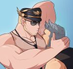  2boys absurdres artist_name bandaid bandaid_on_face bandaid_on_nose bara beard blonde_hair close-up closed_eyes face_in_armpit facial_hair fishnet_top fishnets grey_hair gyee hand_on_another&#039;s_head hat highres large_pectorals male_focus manly master_(gyee) mature_male multiple_boys muscular muscular_male nipples pectorals saliva saliva_drip santos_(gyee) signature steam sunglasses thick_arms thick_eyebrows upper_body vvulfbara 