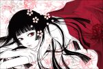  1girl aglio black_hair blunt_bangs breasts commentary_request covering enma_ai fingernails floral_background flower hime_cut jigoku_shoujo long_hair looking_to_the_side lying medium_breasts nude_cover on_stomach open_mouth petals red_eyes solo upper_body 