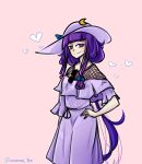  1girl alternate_costume alternate_hairstyle blunt_bangs dress hand_on_own_hip hat hat_ornament heart heart-shaped_pupils long_hair patchouli_knowledge purple_dress purple_eyes purple_hair solo sun_hat symbol-shaped_pupils tem_(insomnia_tem) touhou twitter_username 