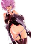  1girl absurdres ass_visible_through_thighs blush breasts clothes_lift clothes_pull collared_dress commentary_request cowboy_shot dress dress_lift fate/grand_order fate_(series) finger_to_mouth glasses hair_over_one_eye highres index_finger_raised jacket lifted_by_self looking_at_viewer mash_kyrielight medium_breasts navel necktie off_shoulder open_clothes open_jacket panties panty_pull pantyhose pantyhose_pull purple_eyes purple_hair purple_panties pussy_juice red_necktie sakuya_tsuitachi short_hair shushing simple_background solo sweat thigh_gap underwear white_background 
