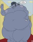  2018 50percentgrey anthro belly big_belly big_breasts breasts ceiling ceiling_lights clenched_teeth elephant elephantid female hair half-closed_eyes hand_on_stomach hand_on_wall hi_res inside mammal motion_lines narrowed_eyes navel nipples nude obese obese_anthro obese_female overweight overweight_anthro overweight_female proboscidean shantella_greysole signature solo teeth text thick_thighs thought_bubble walking wall_(structure) wide_hips 