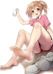  1girl :d arm_at_side blush collared_shirt dot_nose dutch_angle feet foot_focus foot_up gym_shorts hair_between_eyes highres holding holding_clothes holding_footwear idoly_pride kawasaki_sakura_(idoly_pride) knees_up legs_apart long_bangs looking_at_viewer open_mouth orange_eyes orange_hair panties pantyshot pink_shirt plum_(arch) polo_shirt raised_eyebrows red_shorts shirt shoes shoes_removed short_sleeves short_twintails shorts sidelocks simple_background sitting smile socks socks_removed soles solo sweat teeth toes twintails underwear upper_teeth_only wet wet_hair white_background white_footwear white_panties white_socks 