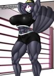  2023 abs absurd_res anthro avian avian_demon beanie bird breasts clothing feathers female hair hat headgear headwear helluva_boss hi_res mrmelted muscular muscular_female octavia_(helluva_boss) owl owl_demon pink_sclera pinkdiablo solo tail_feathers white_eyes 