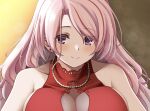  1girl bare_shoulders blush breasts cleavage cleavage_cutout clothing_cutout dress ear_piercing hair_between_eyes jewelry kantai_collection large_breasts long_hair looking_at_viewer luigi_di_savoia_duca_degli_abruzzi_(kancolle) multicolored_hair necklace official_alternate_costume piercing pink_hair purple_eyes red_dress red_hair simple_background sleeveless sleeveless_dress smile solo sparkle streaked_hair suke_(share_koube) upper_body 