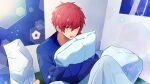  1boy 1zg_om blue_lock blue_sweater commentary_request hexagon highres kurona_ranze long_sleeves male_focus object_hug open_mouth pentagon_(shape) pillow pillow_hug red_eyes red_hair short_hair solo sweater 