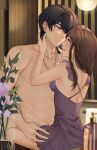  1boy 1girl :d abs breasts brown_hair closed_mouth collared_shirt dog_tags earrings flower green_eyes highres indoors jewelry kiyasuriin marius_von_hagen_(tears_of_themis) muscular muscular_male navel nightgown open_mouth pajamas purple_eyes purple_flower purple_hair purple_rose rosa_(tears_of_themis) rose shaving shirt smile stomach tears_of_themis topless_male water 